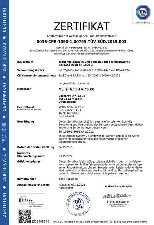 Müller Behälterbau - Zertifikate