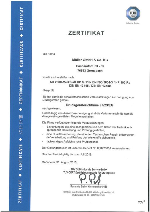 Müller Behälterbau - Zertifikate